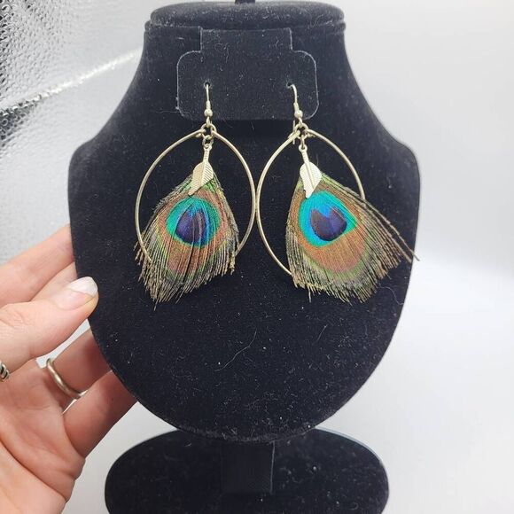 NWOT Peacock Feather Earrings - Picture 1 of 2